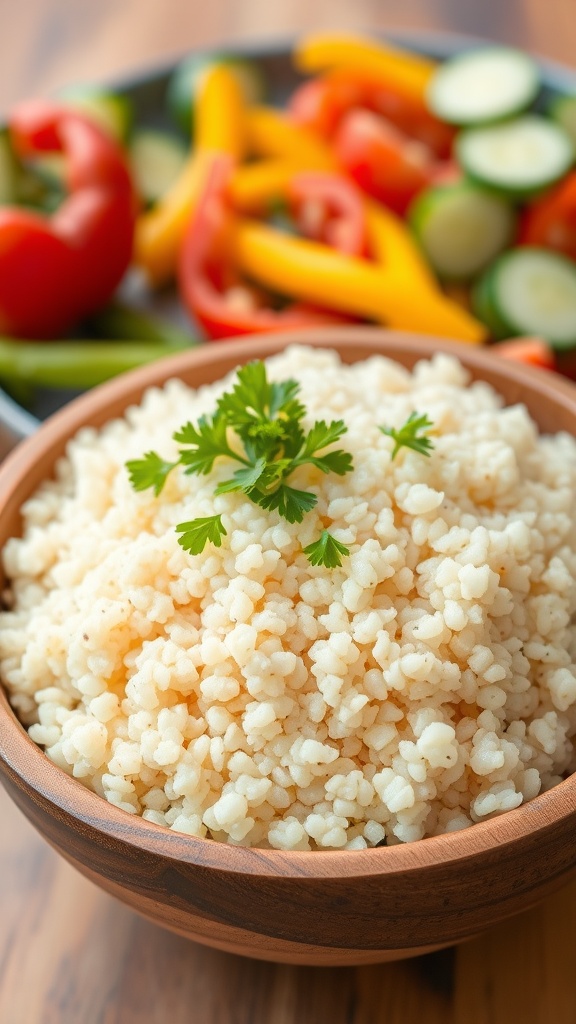 Fluffy quinoa in a wooden bowl garnished with herbs, with fresh vegetables in the background.